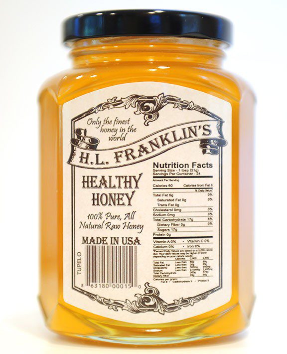 Jar of H.L. Franklin's Healthy Honey, pure and natural, made in the USA.